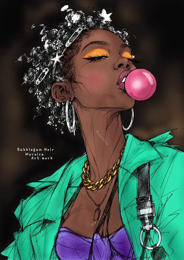 Bubblegum Noir is an Afro Noir portrait exploring identity, contrast, and the beauty of unconventional expression. Blending vivid colour with a darker aesthetic, the piece captures a mood that exists between softness and defiance.